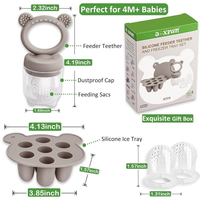 JEXFUN Silicone Baby Fruit Food Feeder Pacifier & Breastmilk Popsicle Freezer Molds, Double as Baby Teething Toys, Freezable Feeding Set for Breast Milk Ice Cubes, Food, Vegetable Purees - (Sand) - Image 4